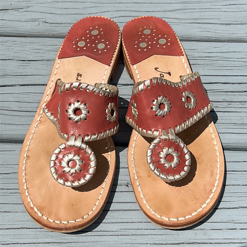 Deep Rose/Red Jack Rogers with Platinum Whipstitch